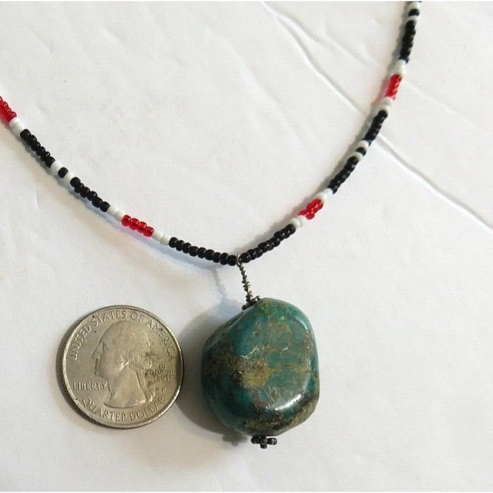 Vintage Southwestern Chunky Turquoise Pendant Coral Onyx Seed Bead‎ 18